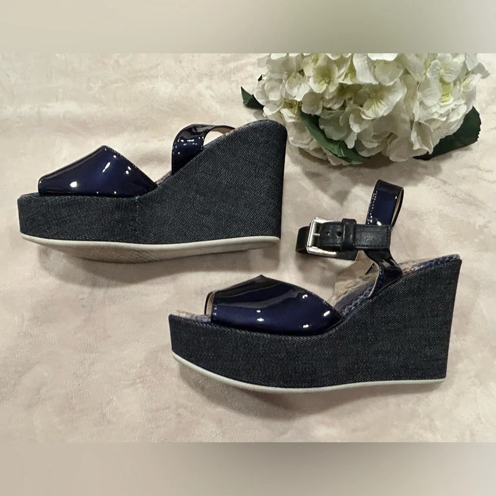 AGL Attilio Giusti Leombruni Blue Patent Leather, Denim Wedge Sandal, Size 38.5